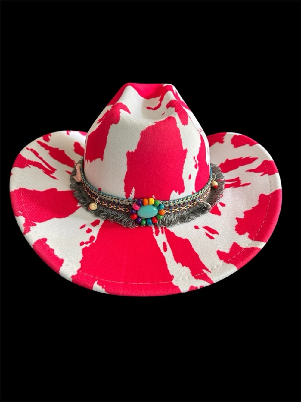 Women’s Pink & White Patterned Western Hat with Beaded Band